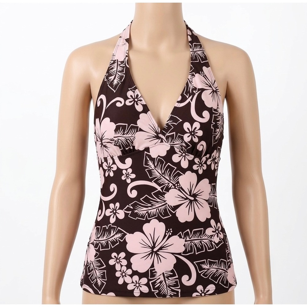 Unbranded Tankini Top Womens Small Brown Pink Excellent Hibiscus Floral Halter